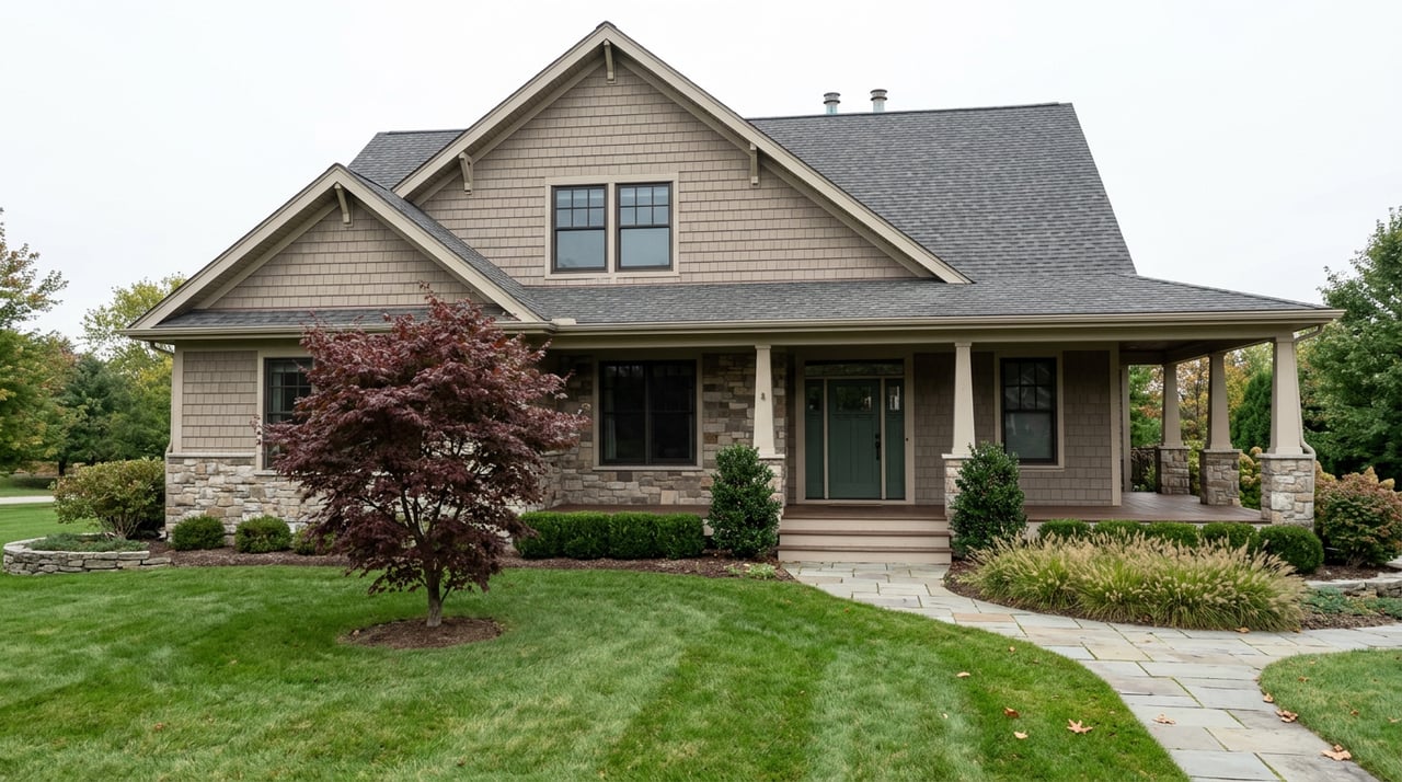 Two-story stone-and-taupe home with a covered porch, burgundy Japanese maple, and curved flagstone walkway across a deep lawn.