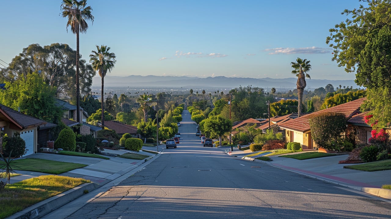 Palm-lined residential street descending toward a distant city basin and mountains.