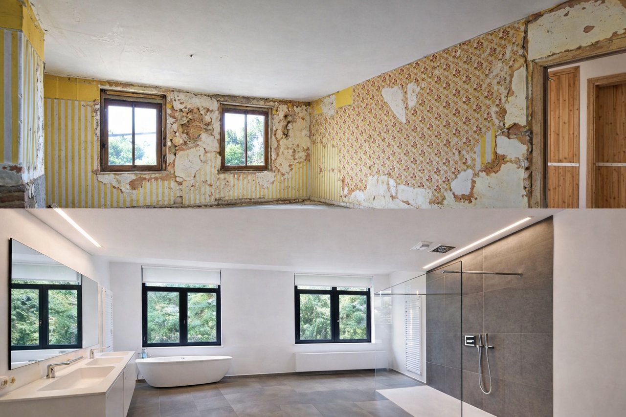 A before and after photo during renovation. 