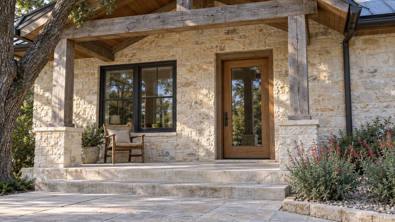 Limestone home entry with a timber porch, paired dark-framed windows, an oak door and stone steps in soft morning light.