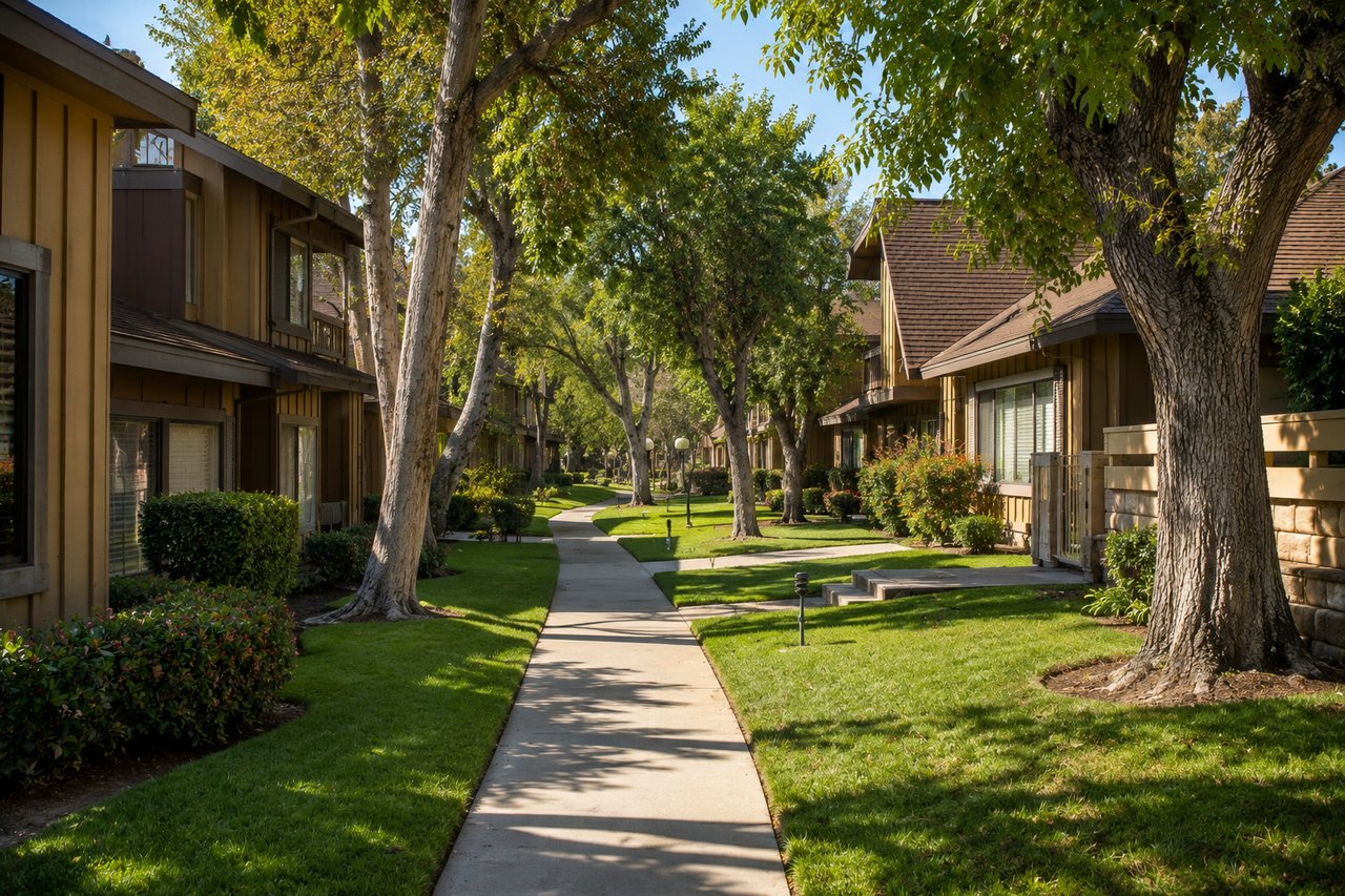 Tree-lined residential street with single-story homes in Winnetka, California