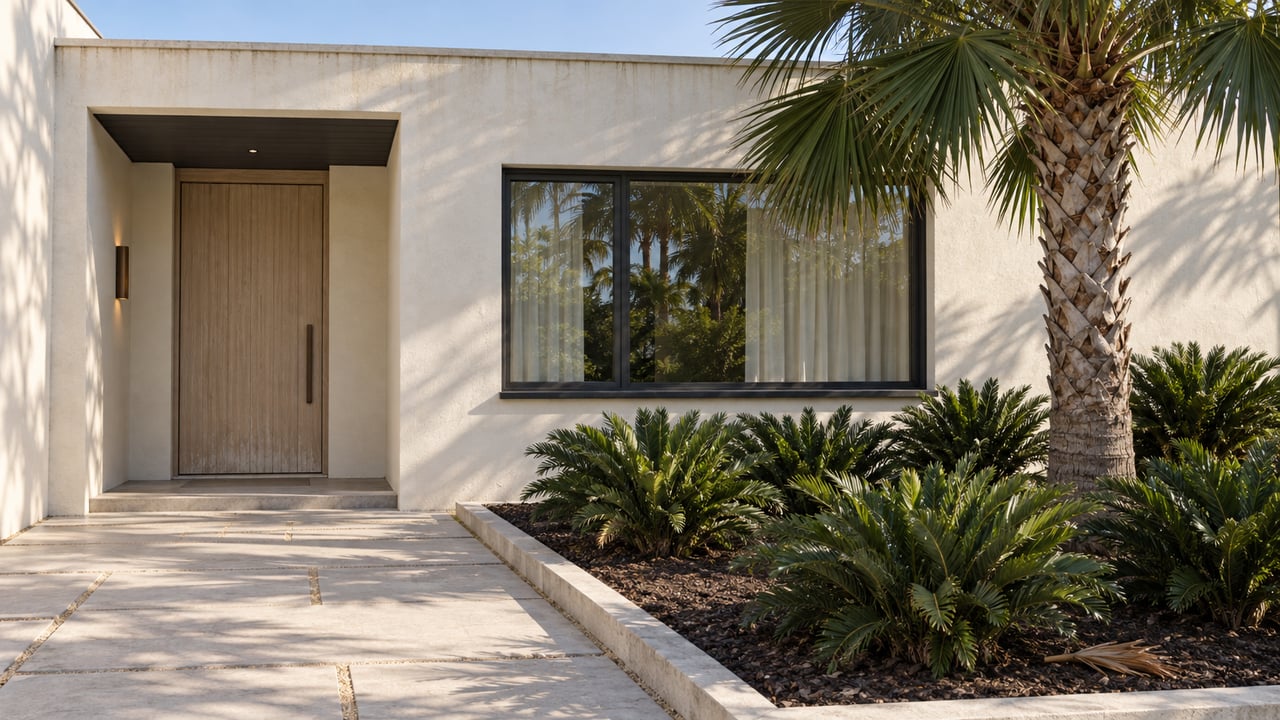 Sunlit stucco home entrance with pale concrete paving, a charcoal-framed window and a fan palm above a neatly edged planting bed.