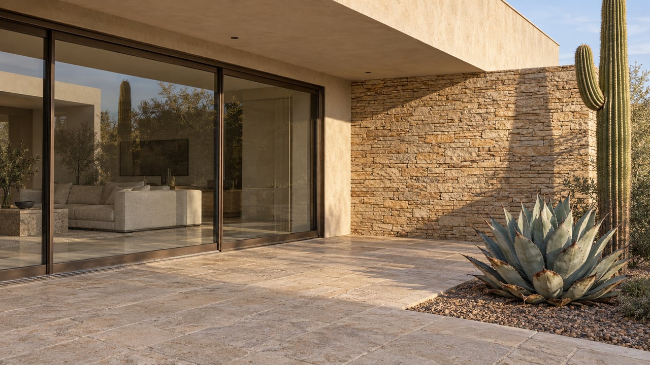 Cream stucco and buff stone surround a shaded glass-walled patio, with limestone paving and a sculptural agave and cactus in a recessed gravel bed.