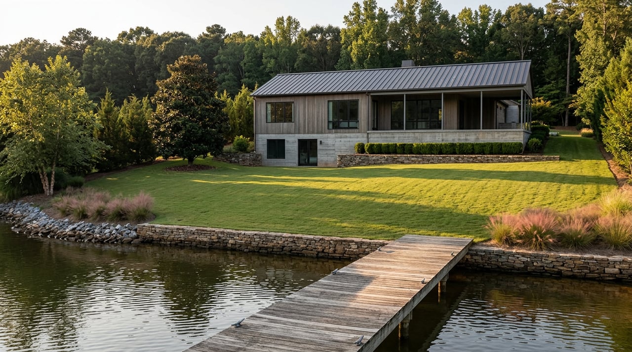Modern lakefront house above a sloping lawn, with a weathered dock across still water and trees behind.