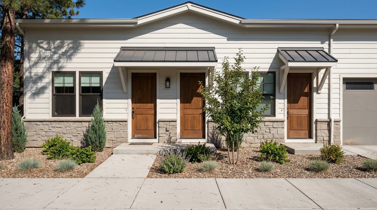 Three attached home entrances share a walkway beside white siding, stone bases, and low-water plantings.