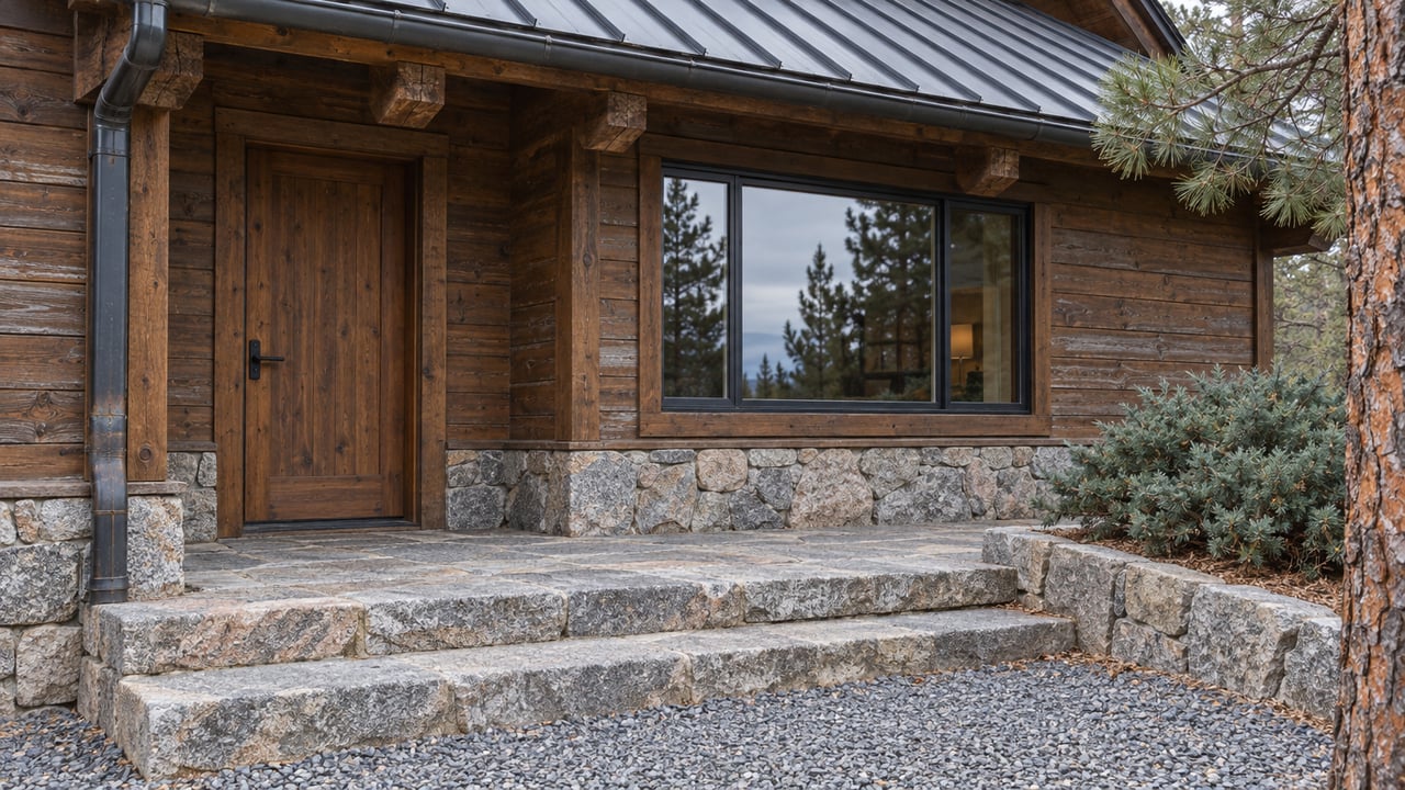 Sheltered timber cabin entrance with a closed plank door, broad window, granite steps and a mature pine beside the gravel approach.
