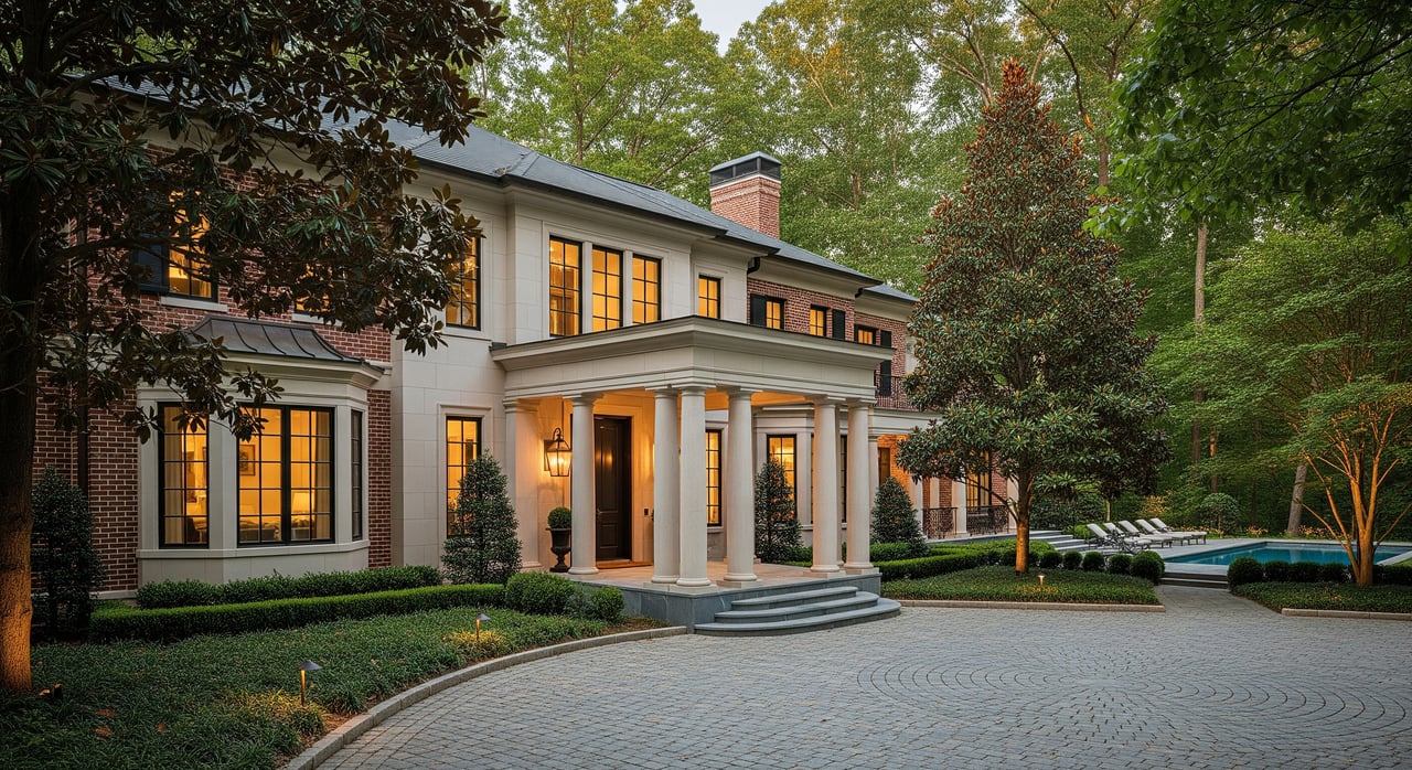 Large brick-and-stucco house with a columned entrance, glowing windows, landscaped grounds, and a circular cobblestone drive.