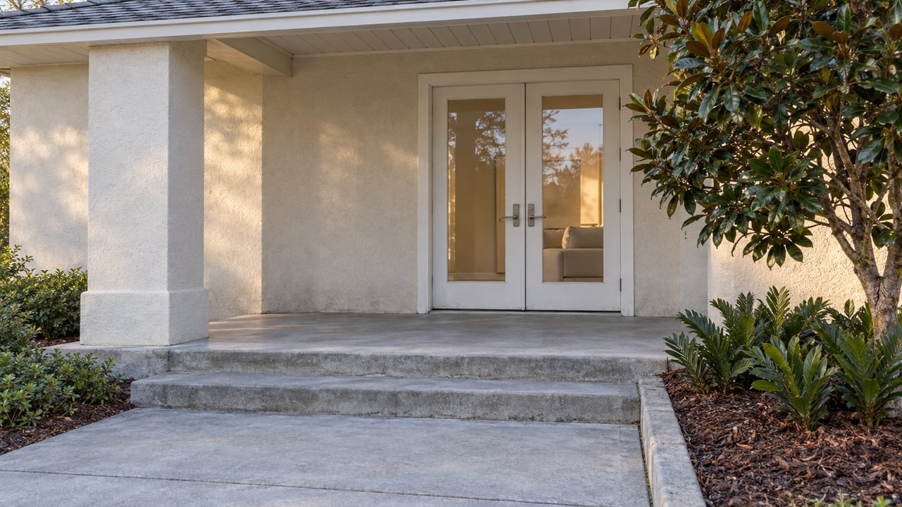 Soft morning light on a cream stucco home's covered porch, paired glazed doors, concrete steps and magnolia planting.