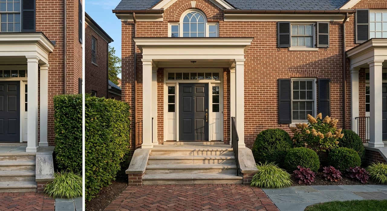 Townhome entrance with a charcoal door beneath a white-columned portico, limestone steps, and brick paving.