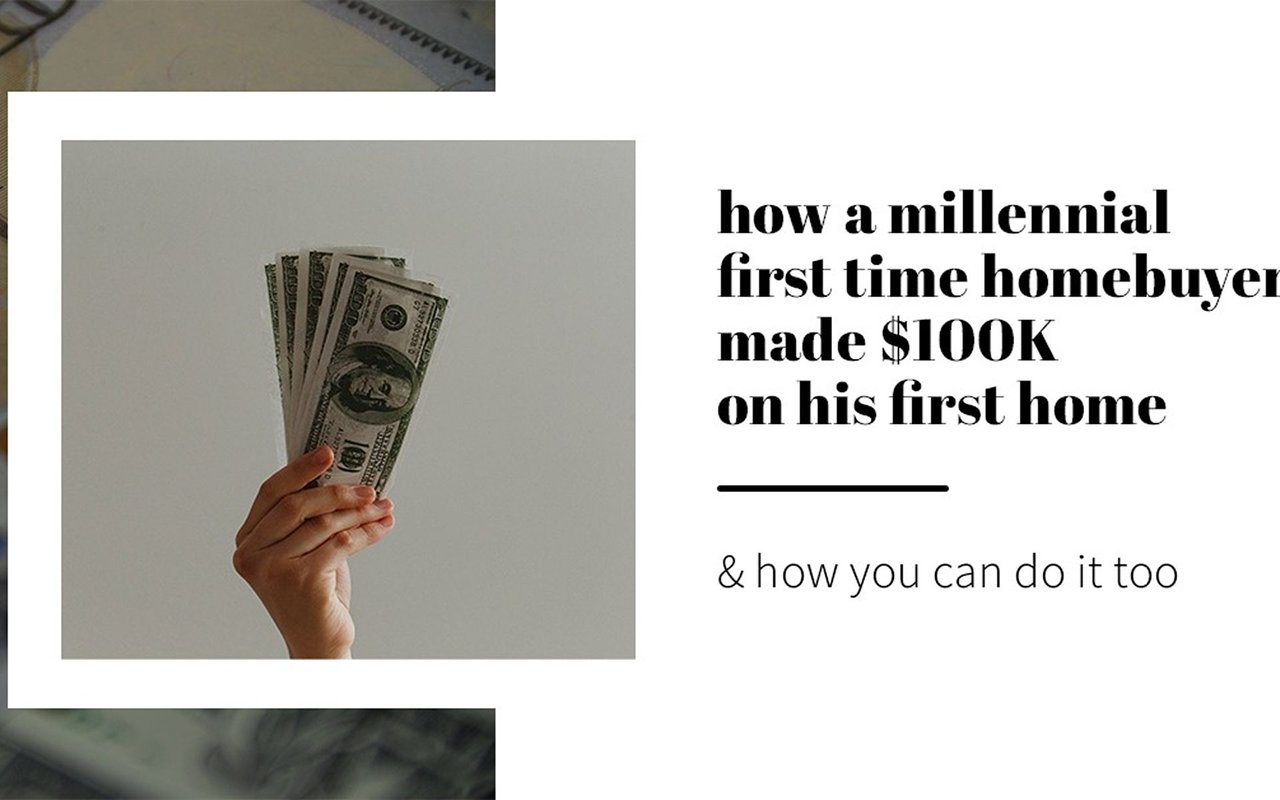 Blog graphic about a first-time homebuyer earning $100K, with a hand holding cash.