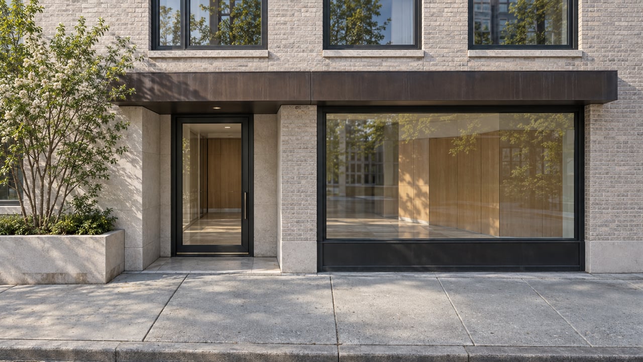Pale brick condo facade with a recessed glass entry, storefront window, bronze canopy, and tree in a planter.
