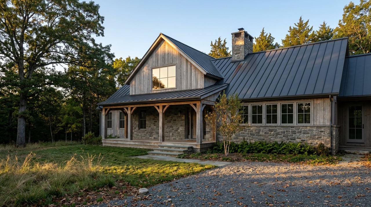 Stone-and-timber home with a deep covered porch, set beyond a grassy clearing at the edge of woods.