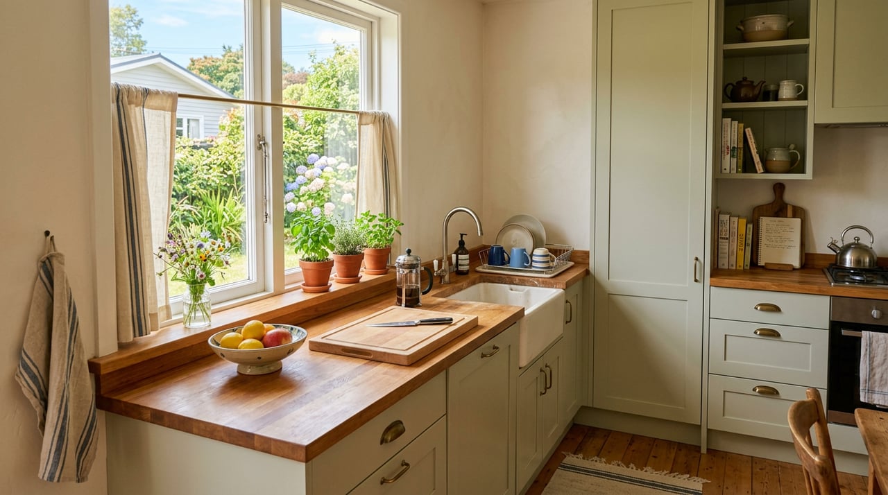 White-cabinet kitchen with a mixing bowl, towel, and oak branches visible through the window.