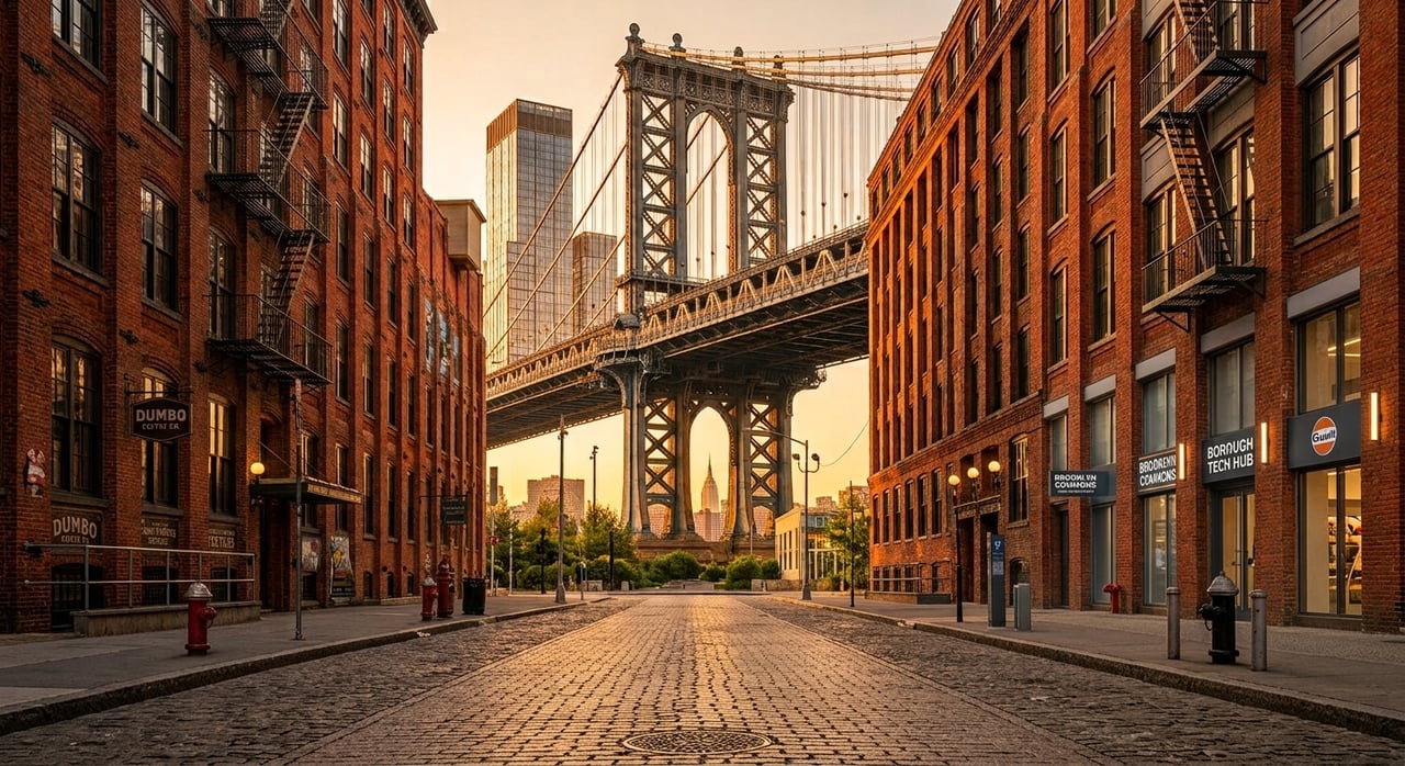 Cobblestone DUMBO street framed by red-brick buildings, with the Manhattan Bridge in the distance.