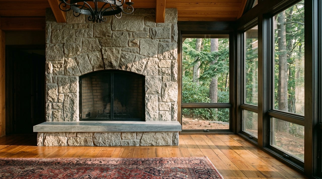 Lodge great room with a stone-arch fireplace, timber ceiling, chandelier, and woodland visible through a window.
