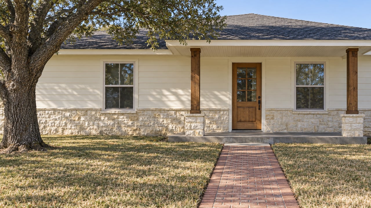 One-story cream-sided home with a covered timber porch, divided-light wood door, brick walk, autumn lawn and a mature live oak.