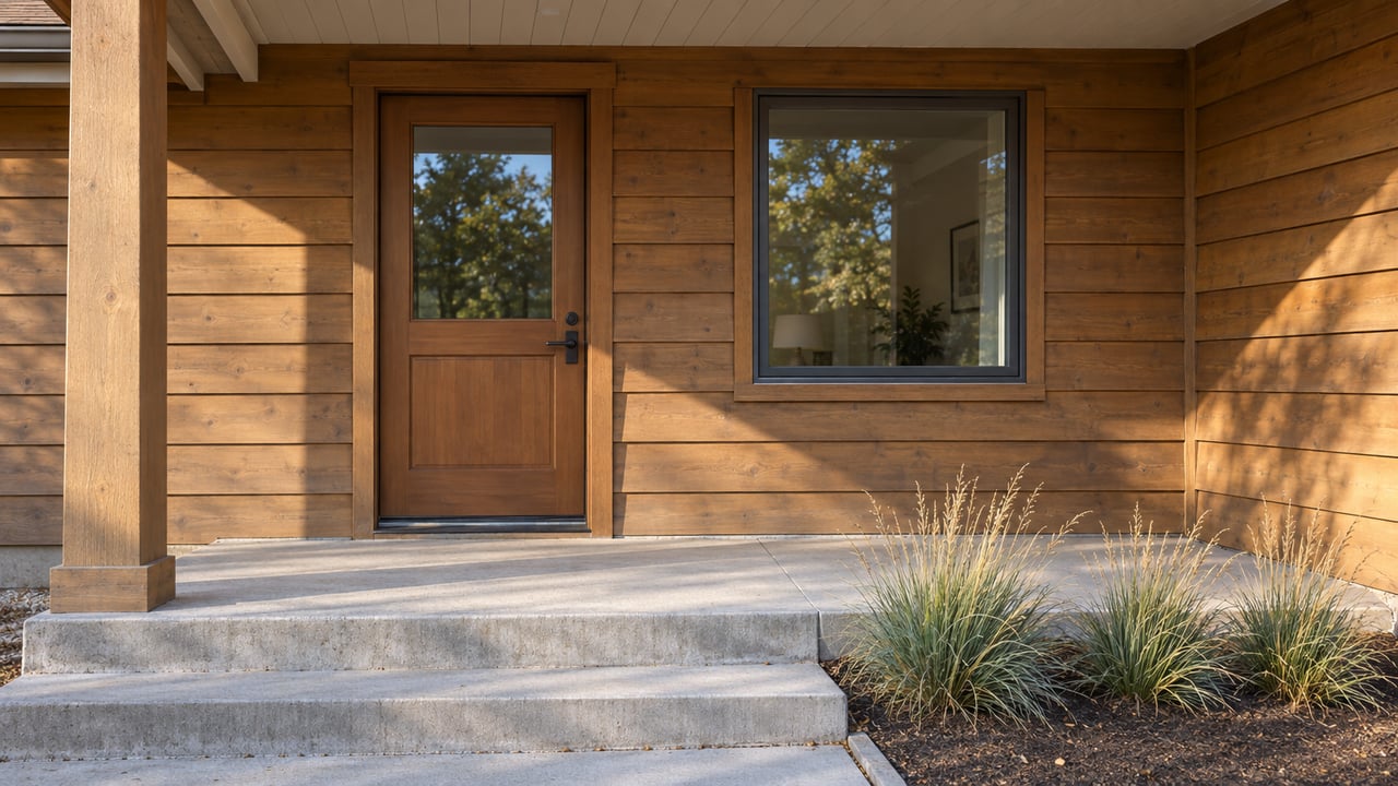 Sunlit wood-sided home entry with a glazed wooden door, covered porch, concrete steps and autumn grass tussocks.