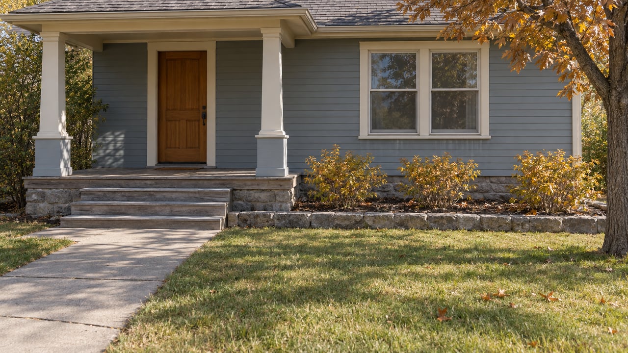 Blue-gray wood-sided bungalow with a sheltered timber entry, stone porch foundation, concrete walk and bronze-leaved oak beside a compact lawn.
