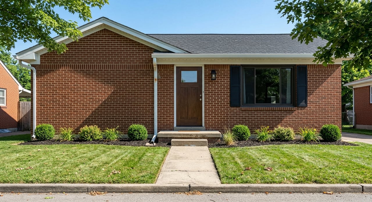 Red-brown brick ranch with centered door, shuttered window, straight walk, and small front lawn.
