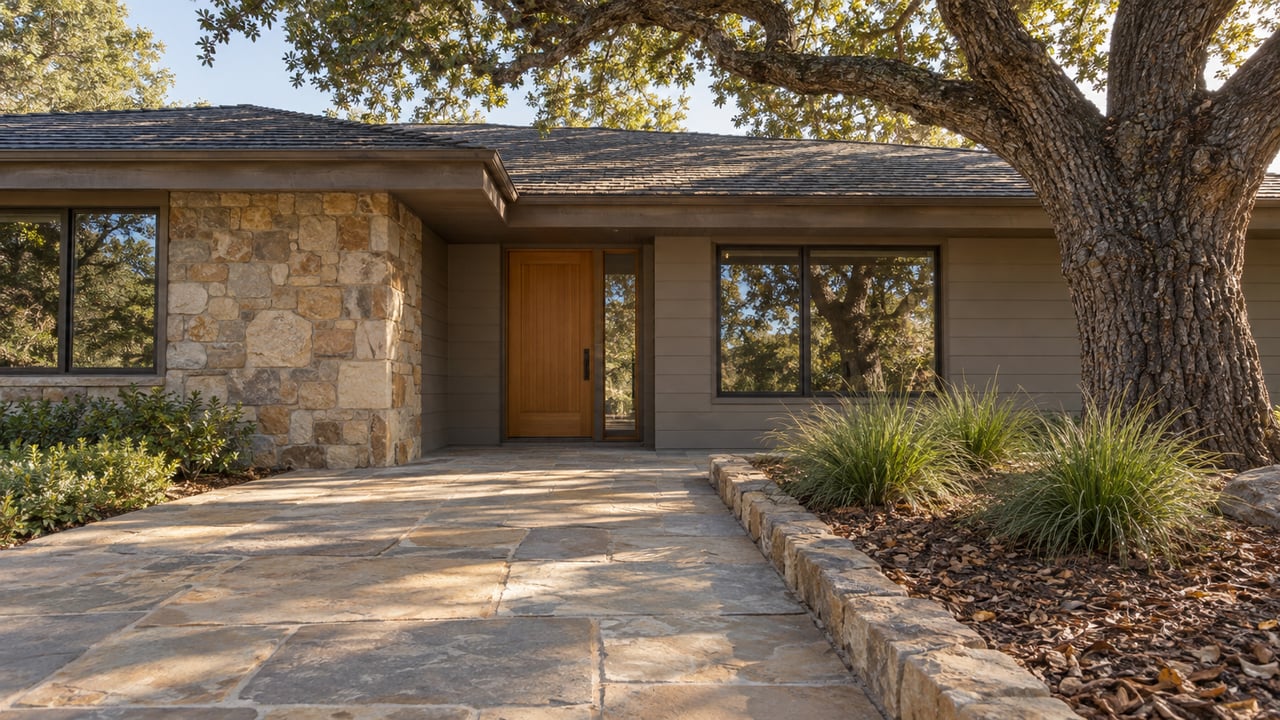 A low single-story home with weathered wood siding, stone accents and a sandstone approach beneath a mature oak.