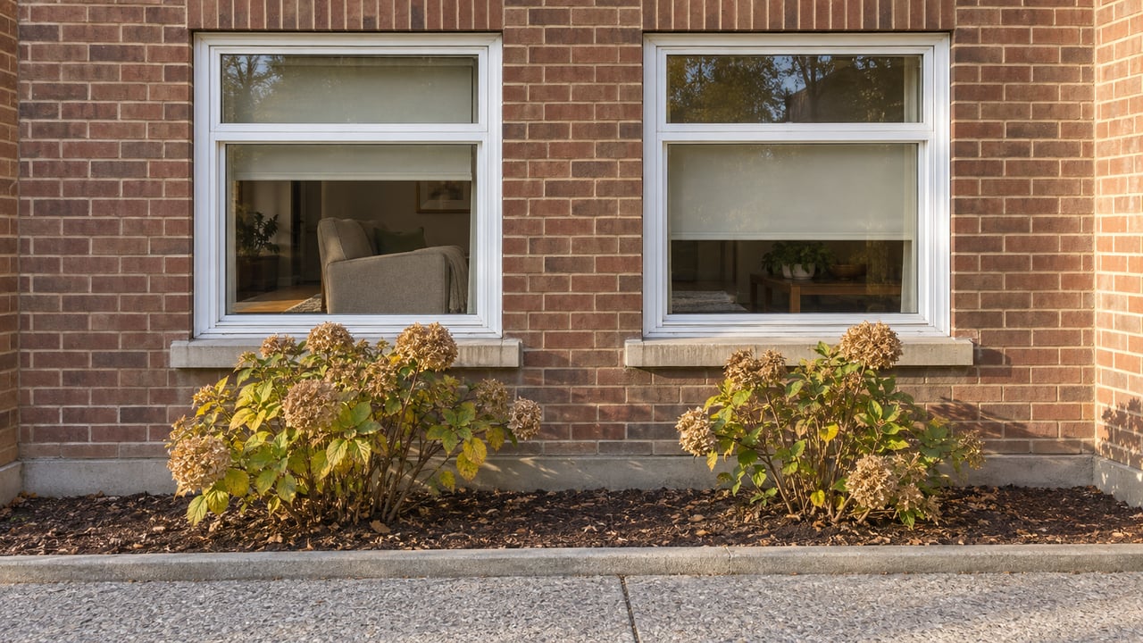 Two residential windows in a weathered reddish-brown brick condominium facade above hydrangeas and a concrete common approach.