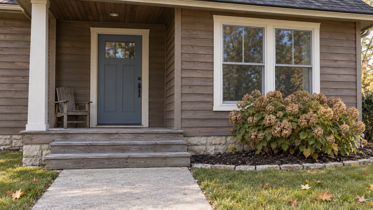 A cedar-sided home's covered porch with a blue door, weathered wood steps, and dried hydrangea flowers in autumn daylight.
