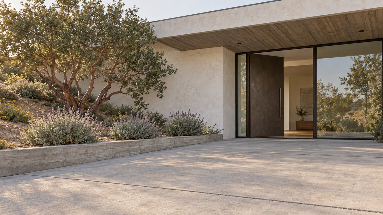 Coastal home’s stucco entry wing with bronze-framed glass, concrete approach, and twisting manzanita beside the wall.