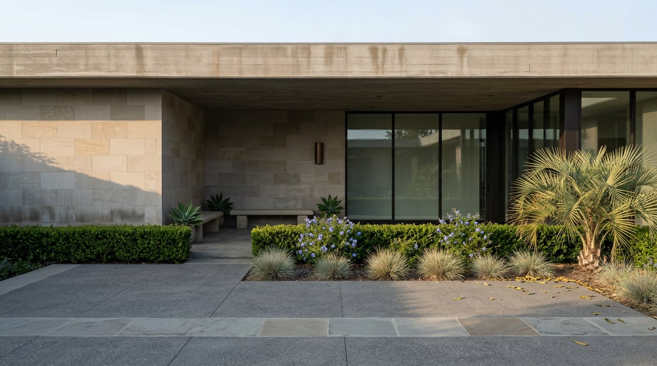 Contemporary stone-and-glass home with a covered loggia, forecourt paving, and a palm in the garden.