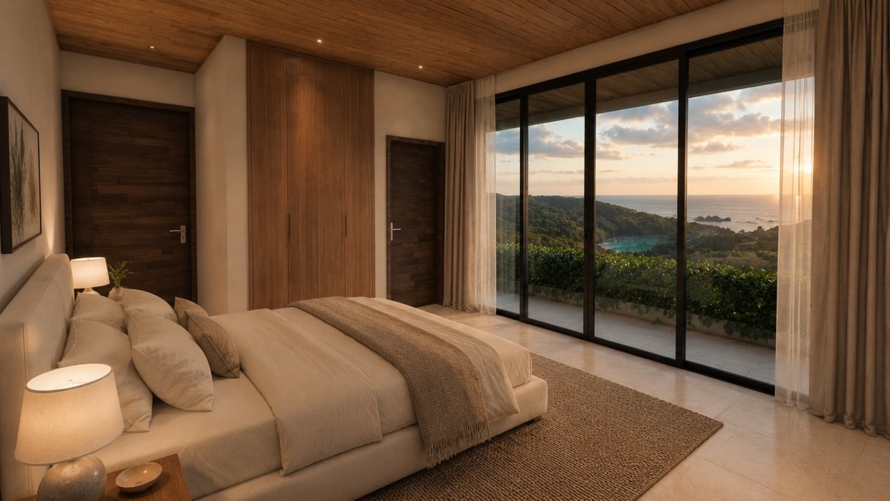 Modern bedroom with a wood-paneled ceiling and floor-to-ceiling doors overlooking the ocean.