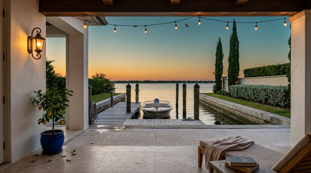 Waterfront loggia with string lights overlooking a teak dock, tied runabout, and calm dusk water.
