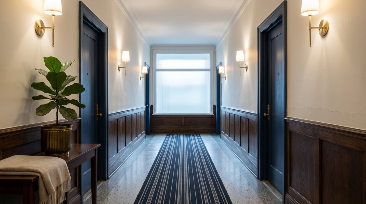 Residential hallway with navy doors, oak wainscoting, brass sconces, striped runner, and frosted transom.