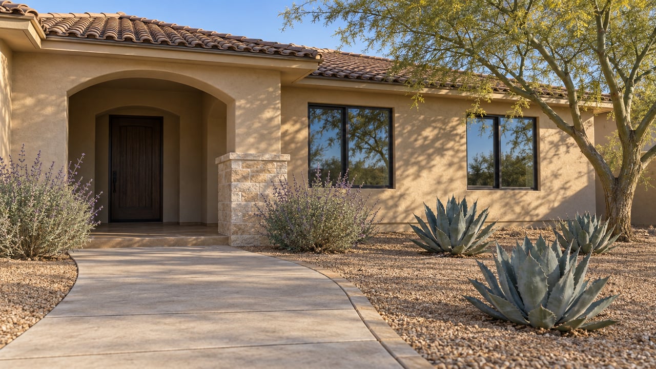 Sand-colored stucco home with a low tile roof, recessed arched entry, and a spacious desert garden beside a concrete approach.