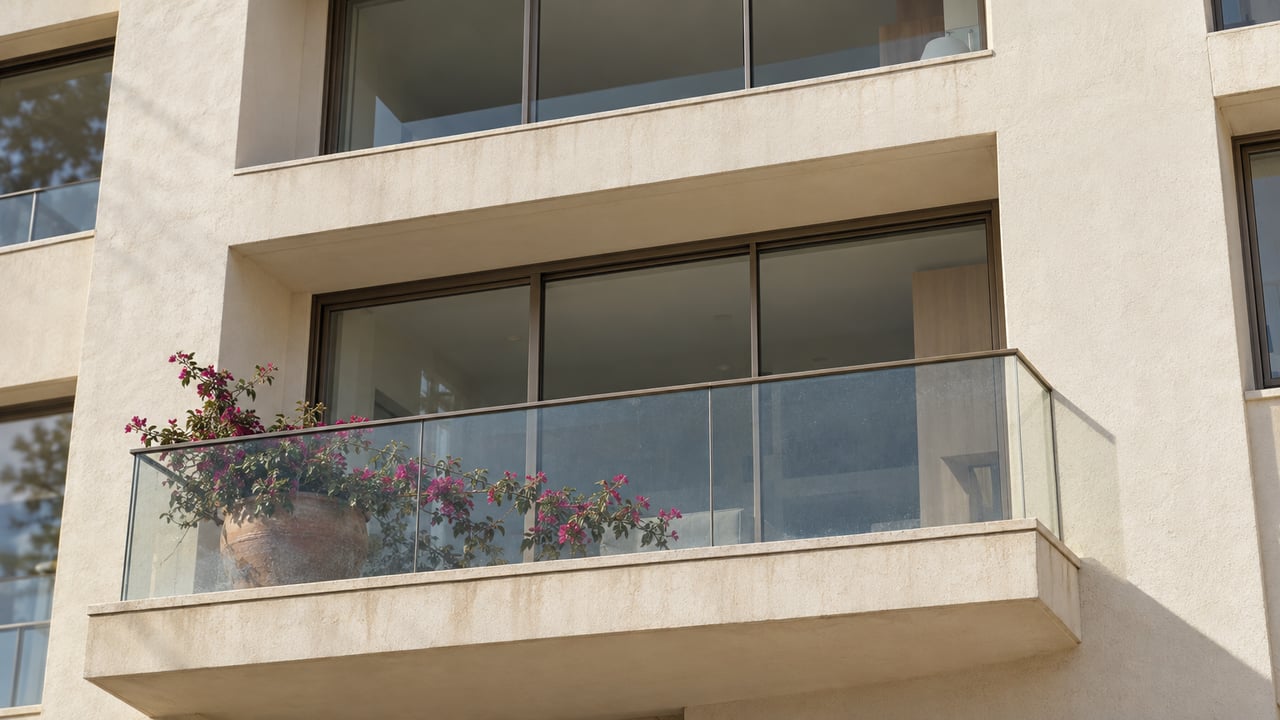 Cream stucco residence with staggered glass sliding doors and a shallow balcony holding a potted bougainvillea.