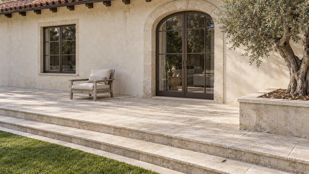Sunlit limestone terrace with a teak lounge chair, ivory stucco archway, bronze-framed glass doors and an olive tree in a stone planter.