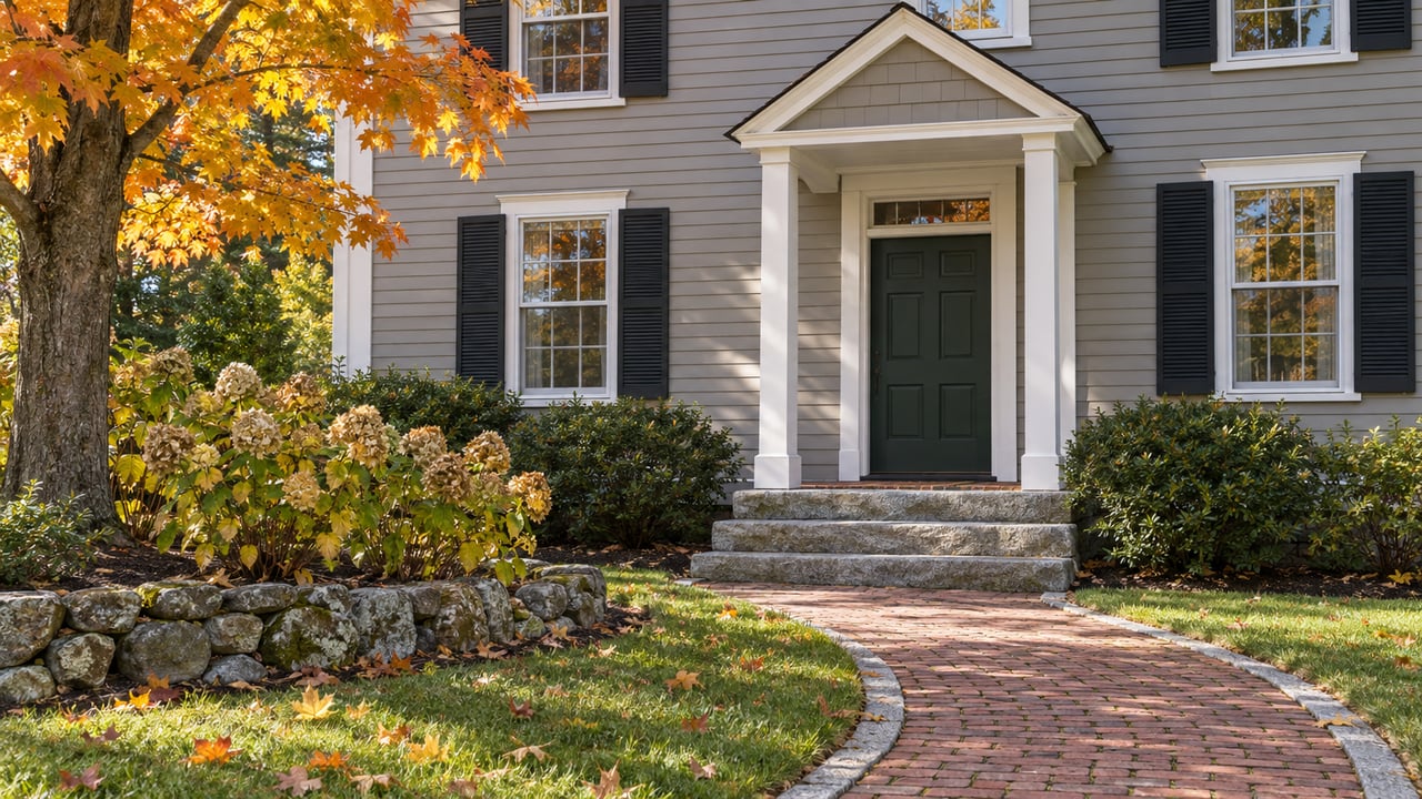 Gray clapboard home with a green entry door, granite steps and a brick walk beside autumn maple foliage and drying hydrangeas.