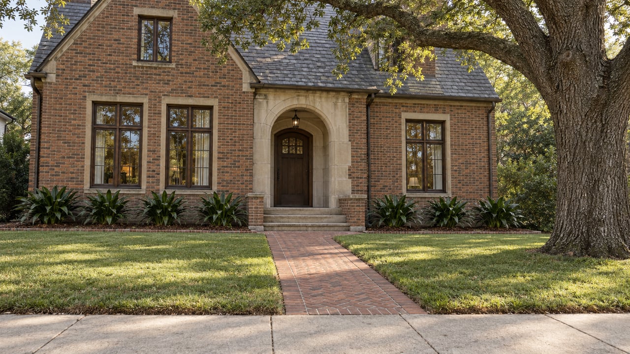 A mature live oak shades the concrete sidewalk and brick approach to a substantial brick home with a limestone arched entrance.
