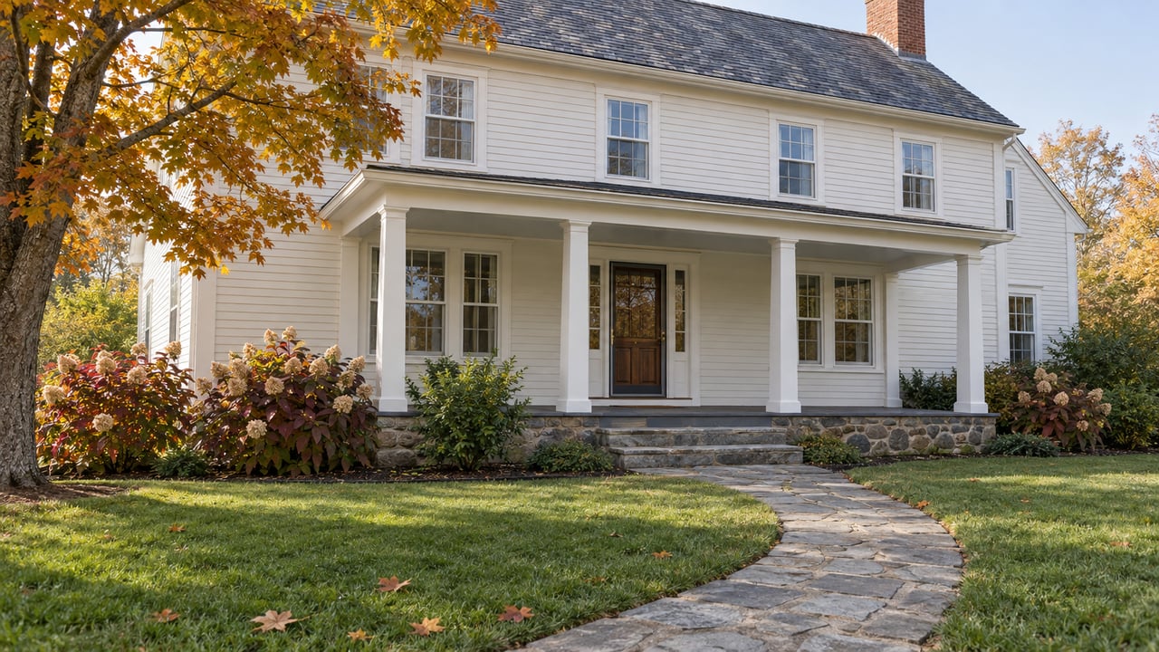 An ivory clapboard home with a slate roof and covered porch, approached across a deep lawn and stone walk beneath an amber sugar maple.