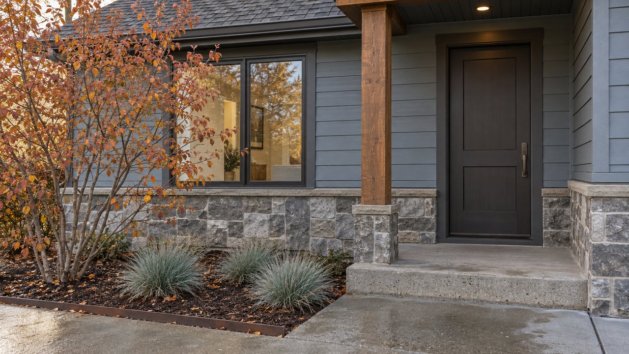 Townhouse entry with blue-gray siding, dark door, timber porch post, and russet-leaved serviceberry.