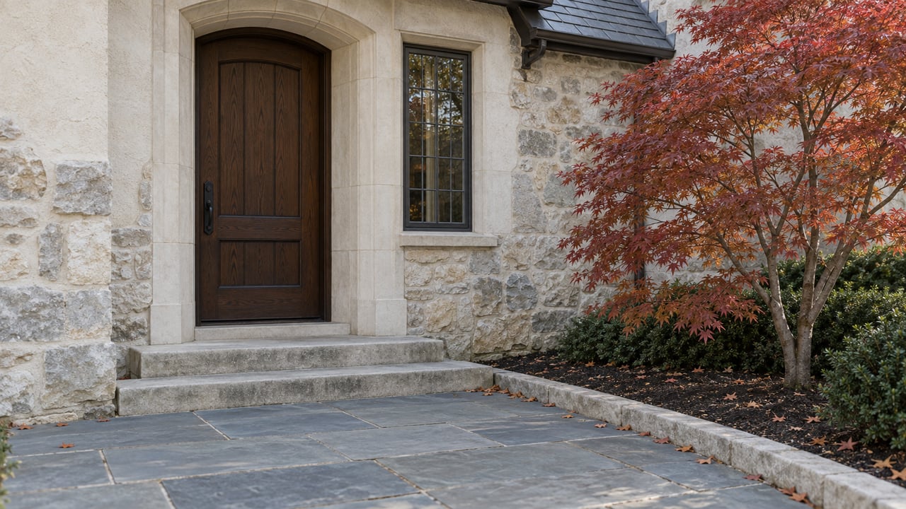 Detached house entrance with closed oak door, leaded-glass window, stone surround, and copper-red maple.