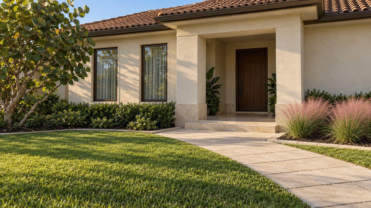Warm stucco home with a terracotta-tiled roof, bronze-framed windows and a stone approach through a landscaped front garden.