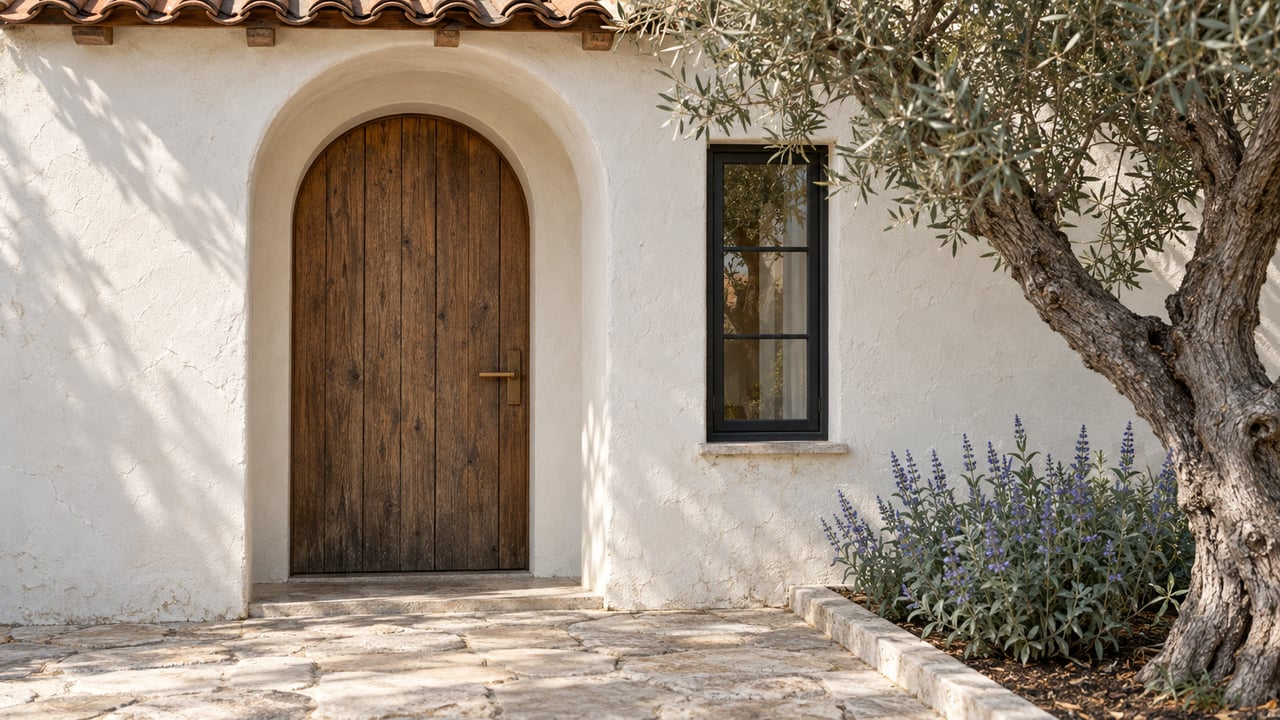 Stucco home entry with an arched oak door, narrow window, limestone path, and olive tree.