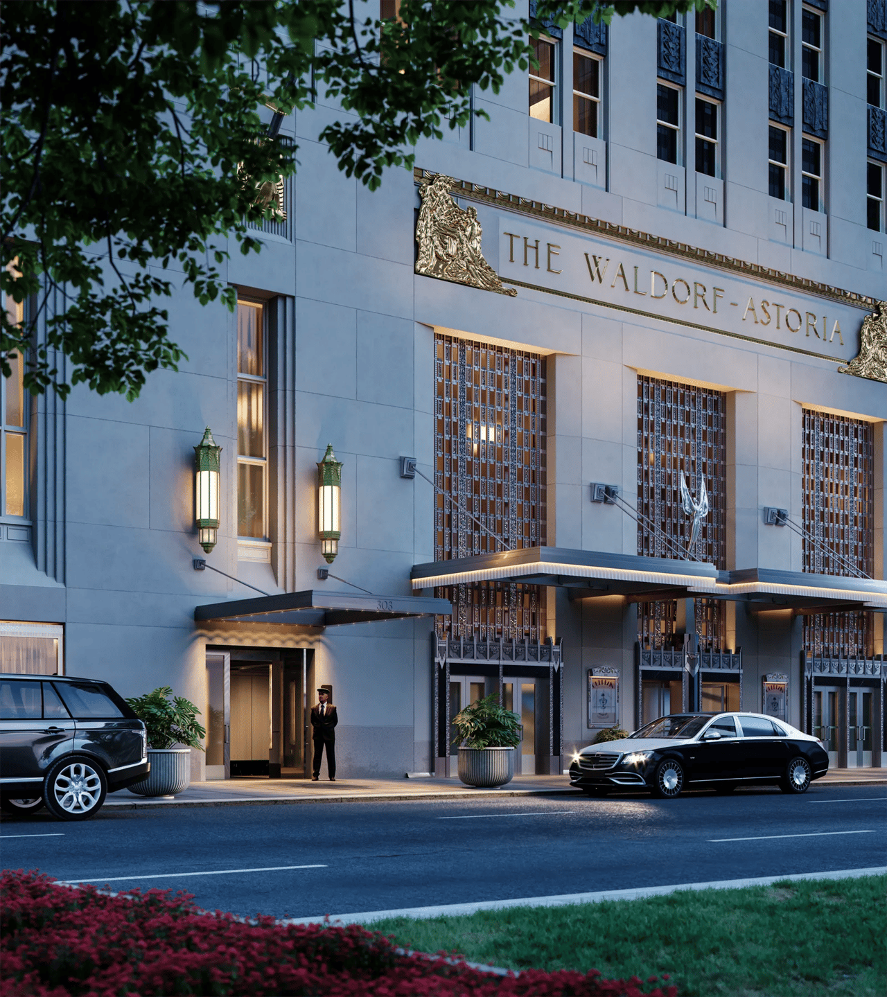 Waldorf Astoria Residences entrance with its gold-lettered sign, ornate facade, and cars at the curb.
