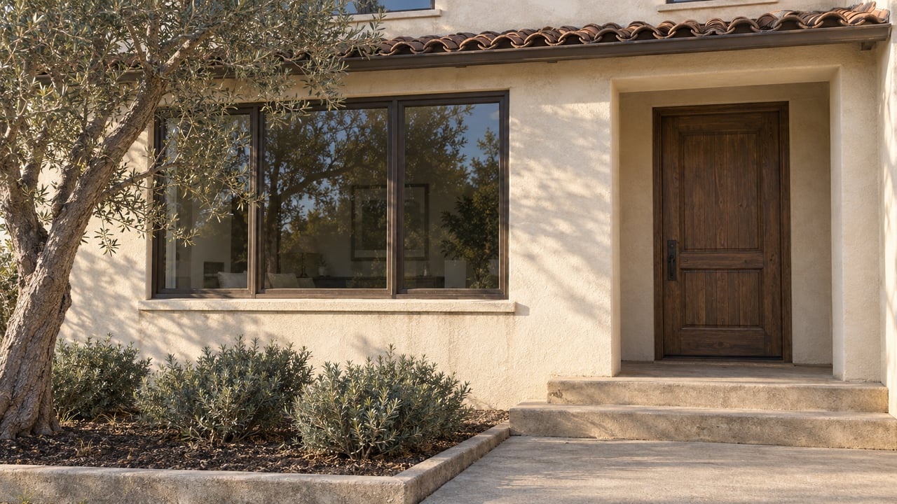 Winter sunlight on a stucco home's recessed walnut entrance, terracotta porch roof, bronze-framed window and olive tree.