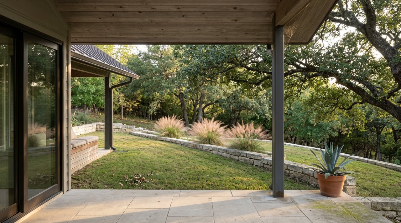Honed limestone patio overlooking a sloping lawn, limestone retaining wall, pink muhly grass, and live oak canopy.