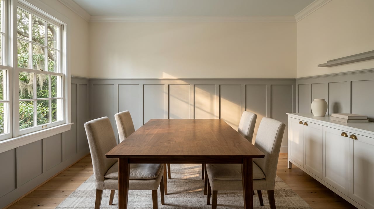 Walnut dining table and linen chairs beside a sunlit window, with a painted sideboard and wainscoting.