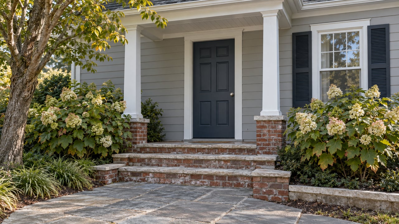 Gray clapboard entry with a blue-gray door, brick steps, flagstone path, and leafy shrubs.