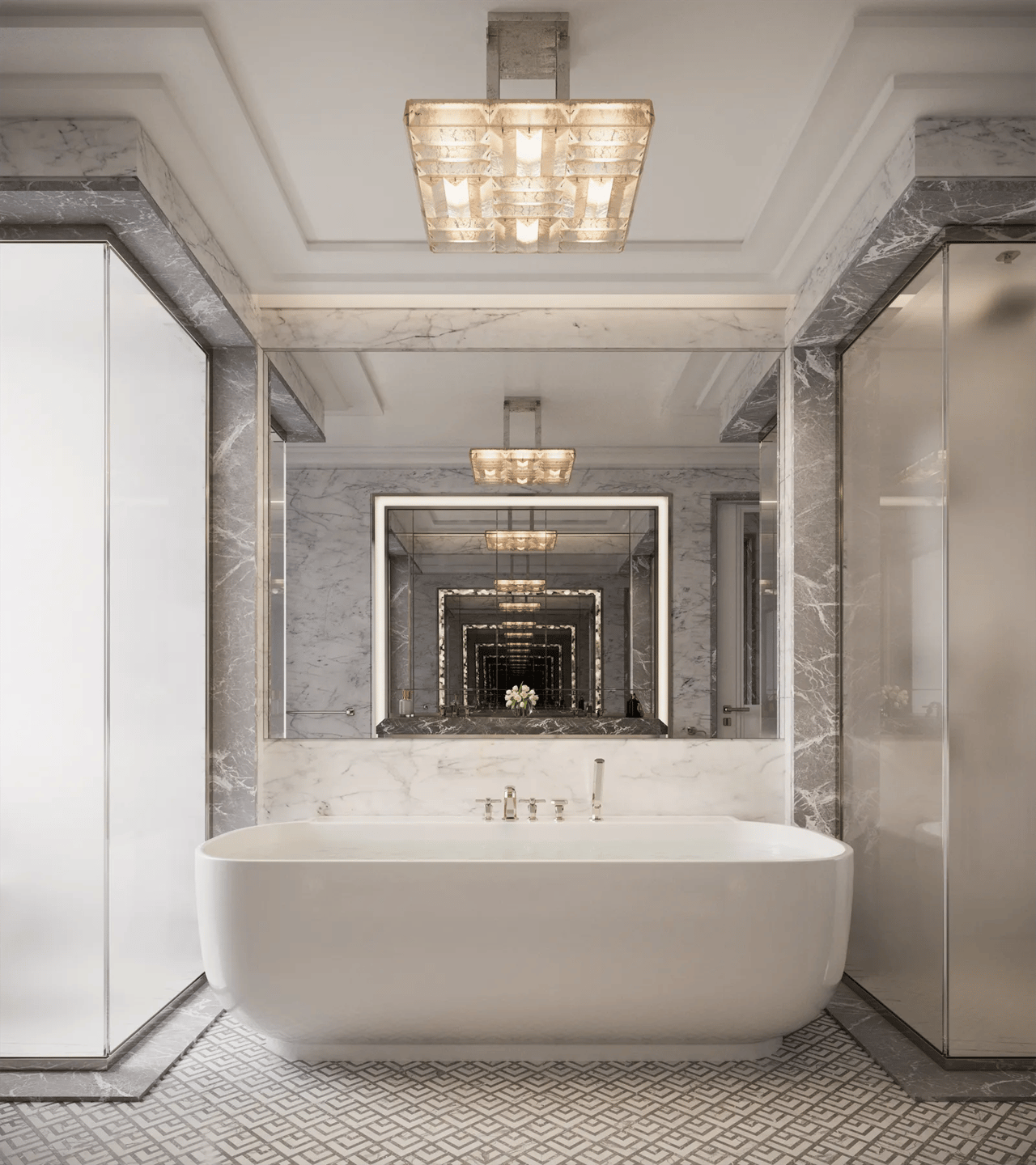 Elegant bathroom with a freestanding tub, marble walls, mirrored panels, and geometric-patterned floor tile.