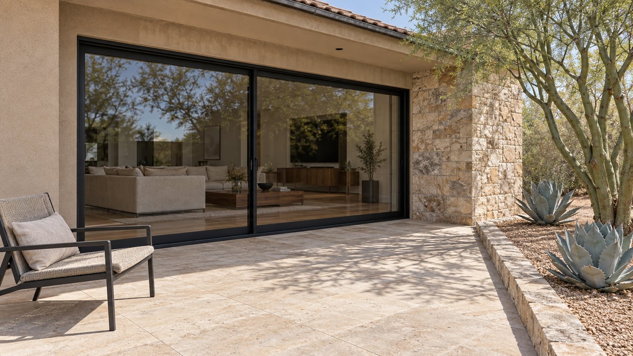 Sunlit stucco and stone home with closed steel-framed glass doors, limestone terrace, and sculptural desert planting.