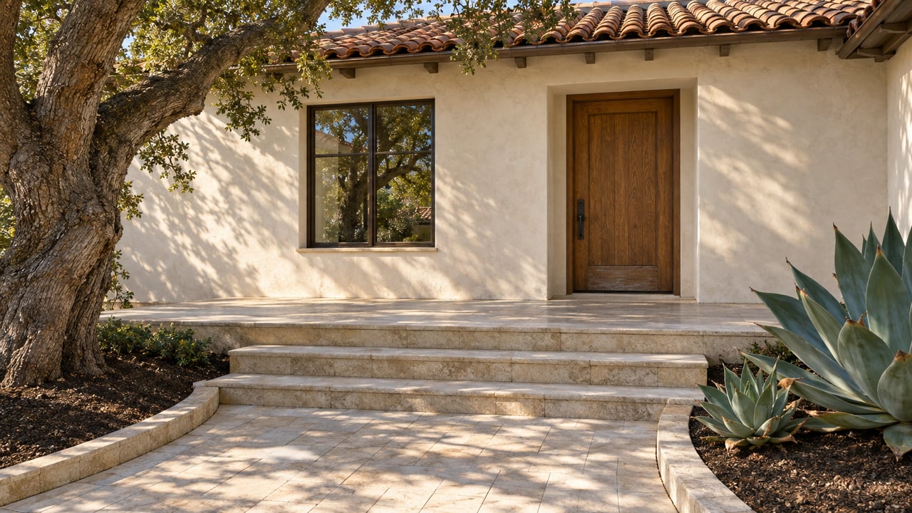Elevated view of a terra-cotta-roofed plaster home with an oak entry door, limestone steps, a mature oak and sculptural agaves.