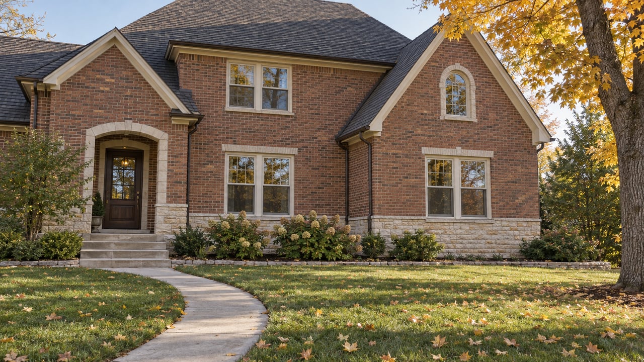 Brick home with steep gables, limestone entry steps, a broad lawn, and a mature maple turning gold.
